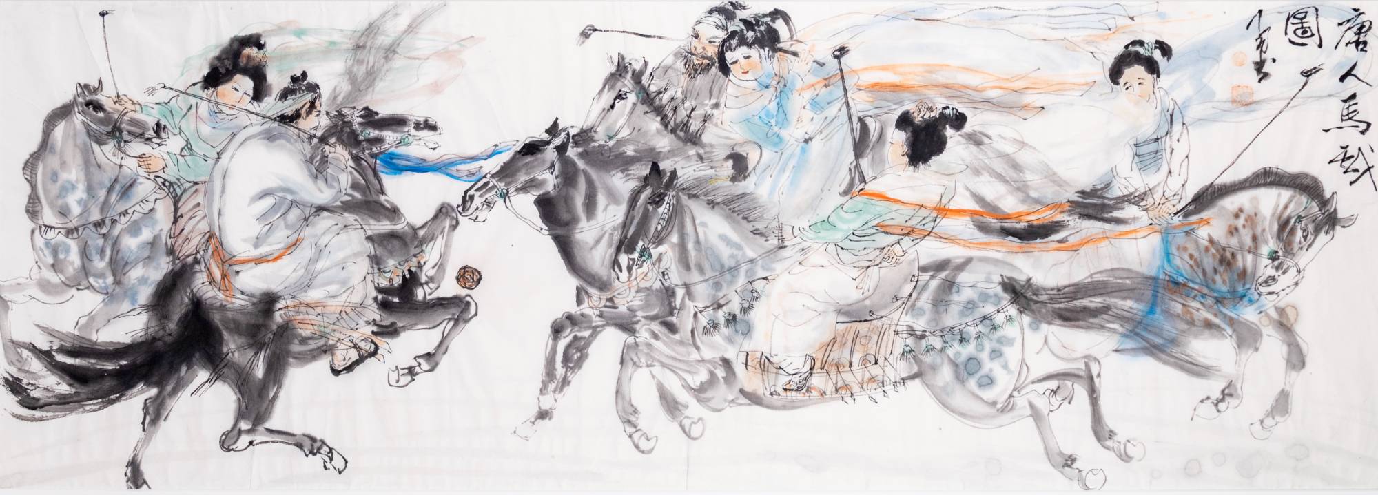 ink drawing of horses and rider in a polo match